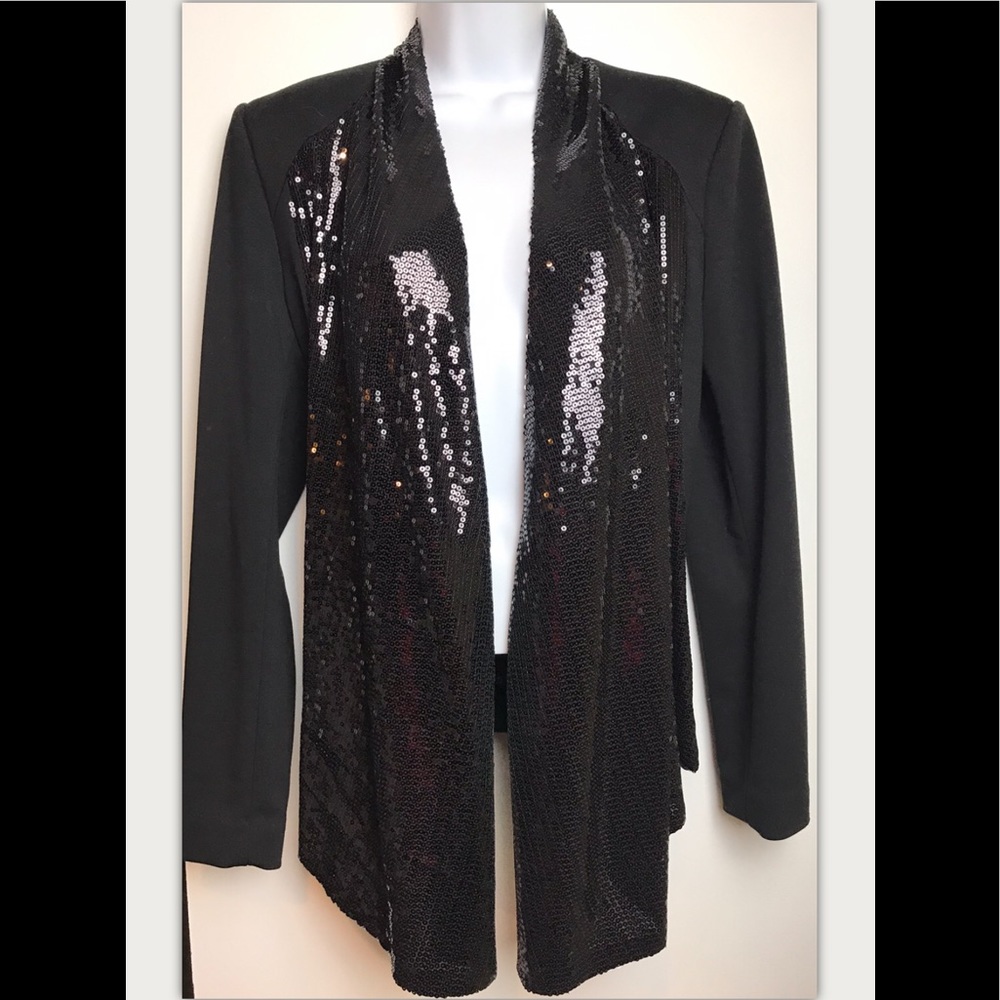 CALVIN KLEIN Blazer Sequined Open Shawl Jacket Black Dressy Layering Black Tie